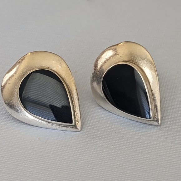 Signed Vintage 925 Sterling Silver Black Onyx Pear Shaped Clip On Earrings - Picture 3 of 12